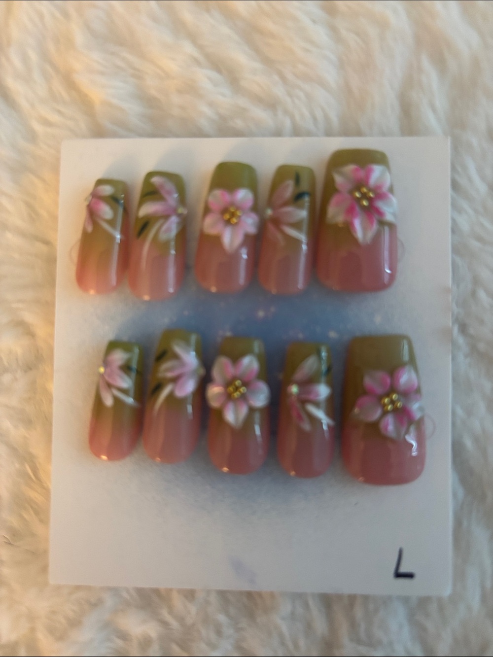 Olive Green & Dusty Pink Floral Press-On Nail Set